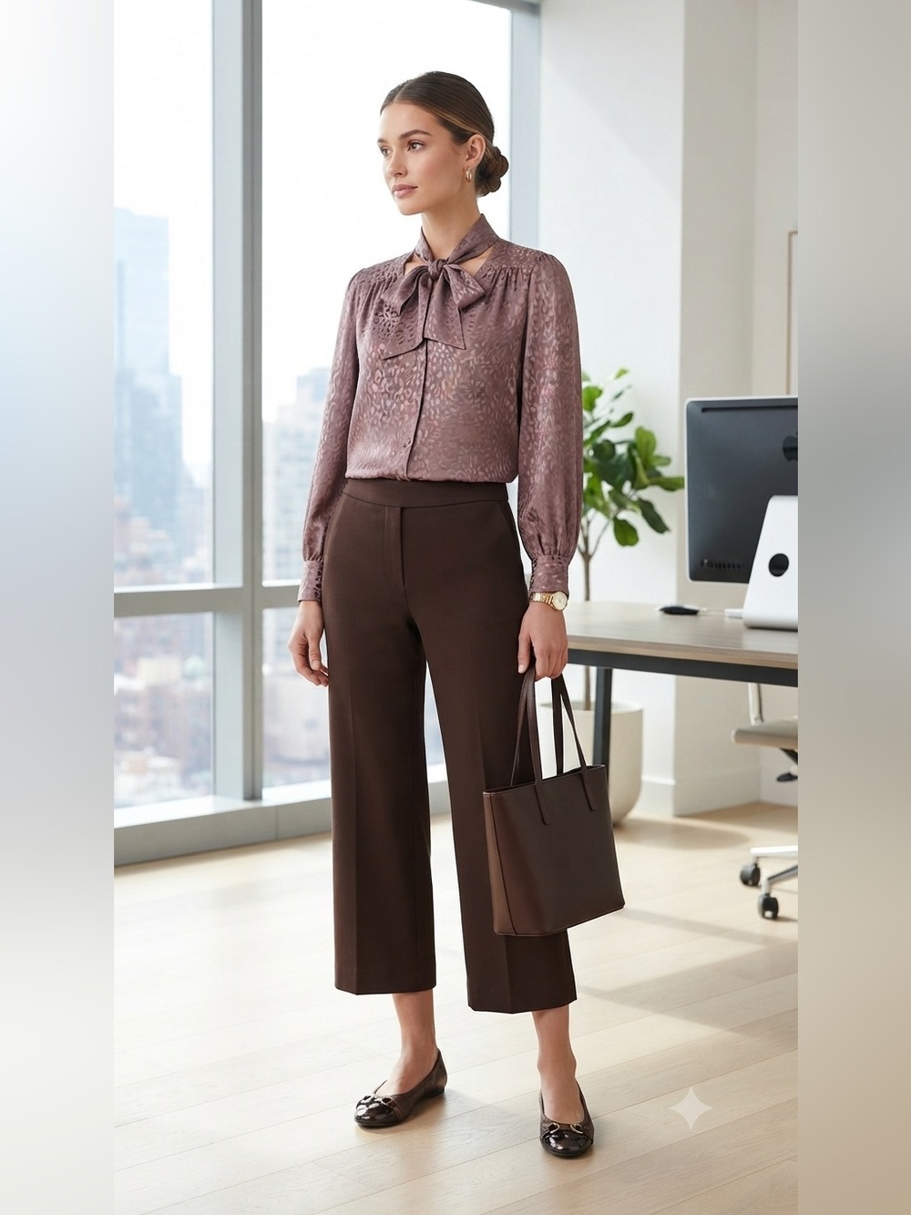 100% Silk PAIGE Mauve V-Neck Long Sleeve Blouse with Subtle Animal Print